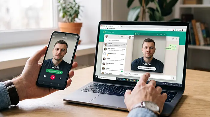 Демонстрація перемикання відеодзвінка з екрана смартфона на веб-версію WhatsApp.